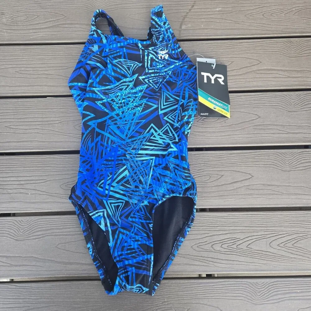 TYR Durafast Maxfit Elixir 1pc Swimsuit - Blue/black Youth Girls Size 22 New